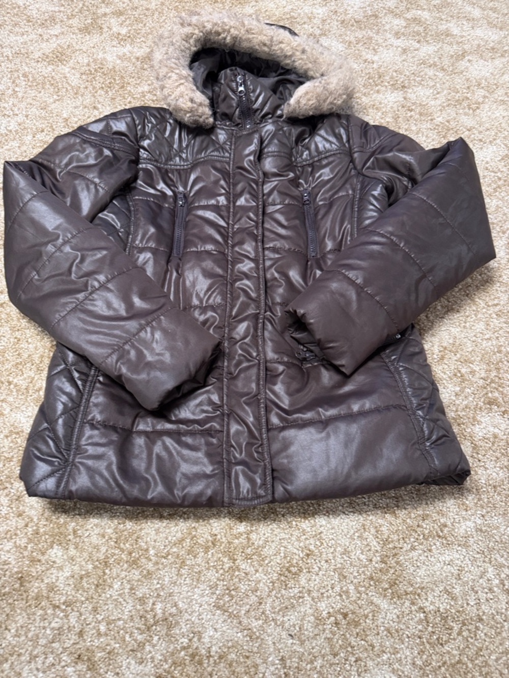 Say What? Women's Dark Brown Quilted Puffer Jacket with Faux Fur Hood no belt